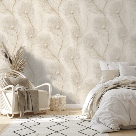 FOTOTAPETA BÉŽOVÁ ELEGANCE S PTAČÍMI PERY - VZOROVANÉ TAPETY - TAPETY