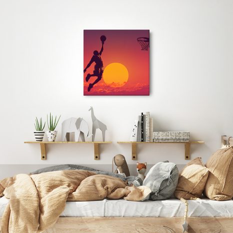 WANDBILD SLAM DUNK BEI SONNENUNTERGANG - BILDER VON MENSCHEN - BILDER