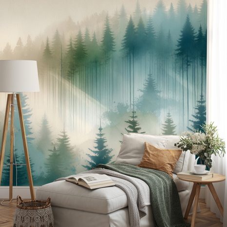 TAPETE NEBLIGER WALD IN AQUARELL - TAPETEN WALD - TAPETEN