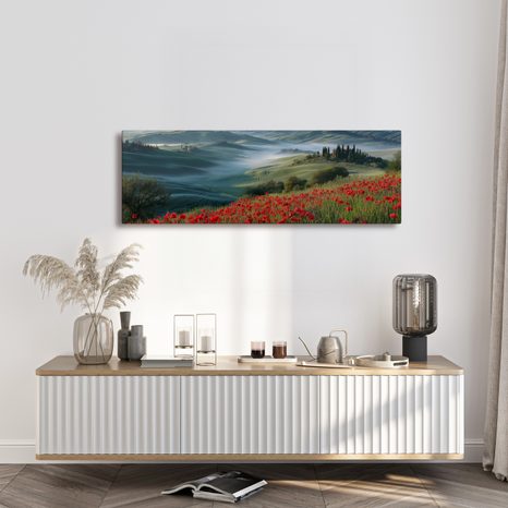 WANDBILD LANDSCHAFT MIT NEBLIGEM TAL - WANDBILDER FELDER UND WIESEN - BILDER