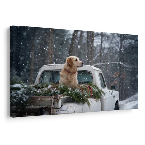OBRAZ VÁNOČNÍ PES NA ZASNĚŽENÉ KORBĚ - VÁNOČNÍ A ZIMNÍ OBRAZY - OBRAZY