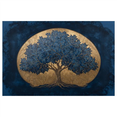 WANDBILD BLAUER LEBENSBAUM AUF GOLDENEM HINTERGRUND - BILDER BÄUME DES LEBENS - BILDER
