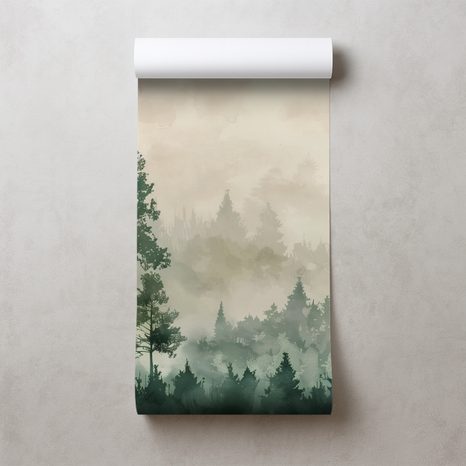 TAPETA ZELENE ŠUMSKE SILUETE U MAGLI - TAPETE ŠUMA - TAPETE