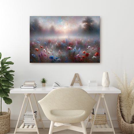 WANDBILD NEBLIGE WIESE MIT BLUMEN - WANDBILDER FELDER UND WIESEN - BILDER