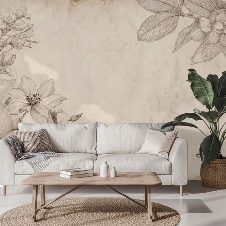 ZELFKLEVEND FOTOBEHANG VINTAGE BLOEMENILLUSTRATIES OP BEIGE ACHTERGROND - FOTOBEHANG BLOEMEN - FOTOBEHANG