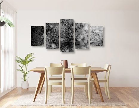 TABLOU 5-PIESE MANDALE FLORALĂ ÎN DESIGN ALB-NEGRU - TABLOURI ALB-NEGRU - TABLOURI