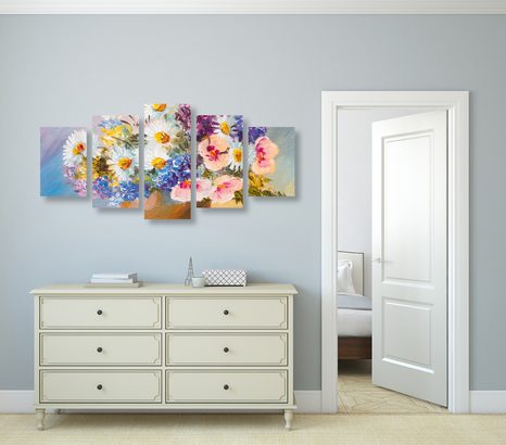 5-DIELNY OBRAZ OLEJOMAĽBA LETNÝCH KVETOV - OBRAZY KVETOV - OBRAZY