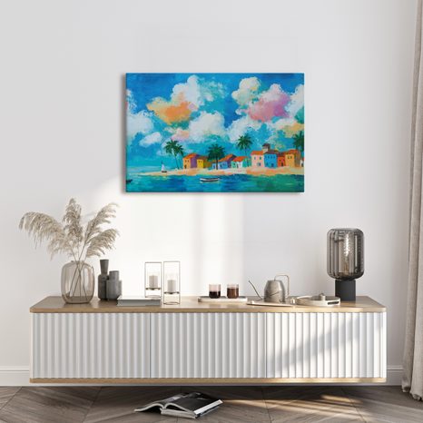 OBRAZ POBŘEŽNÍ VESNICE POD PALMAMI - BAREVNÉ DOMY - OBRAZY