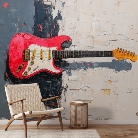 FOTOTAPETE ROTE E-GITARRE AUF ABSTRAKTEM HINTERGRUND - MUSIK FOTOTAPETEN - TAPETEN