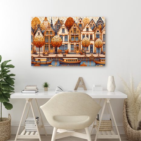 WANDBILD HERBSTLICHE GASSE MIT BOOTEN AM KANAL - BILDER VON STÄDTEN - BILDER