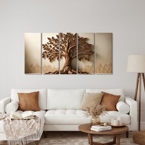 5-TEILIGES WANDBILD BRAUNER LEBENSBAUM MIT 3D-EFFEKT - BILDER BÄUME DES LEBENS - BILDER