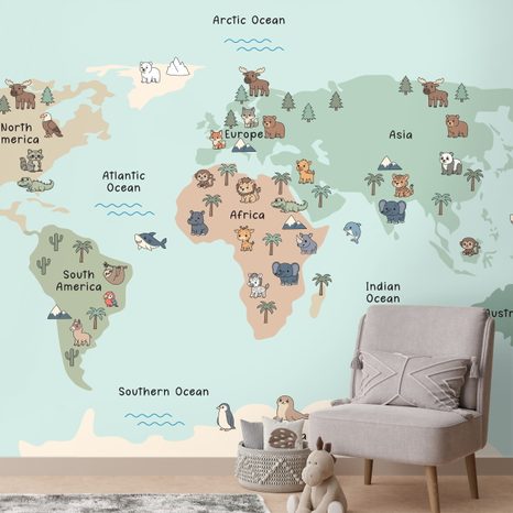 FOTOTAPETA DĚTSKÁ MAPA SVĚTA SE ZVÍŘATY - DĚTSKÉ TAPETY - TAPETY