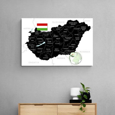 QUADRO SU TELA – MAPPA NERA STILOSA DELL'UNGHERIA - QUADRI MAPPE - STAMPE E QUADRI