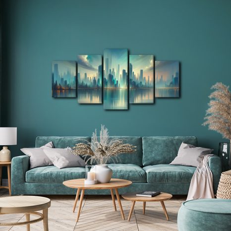 5-DÍLNÝ OBRAZ FUTURISTICKÉ MĚSTO U ŘEKY - OBRAZY MĚSTA - OBRAZY