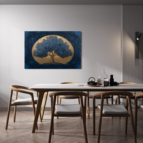 WANDBILD BLAUER LEBENSBAUM AUF GOLDENEM HINTERGRUND - BILDER BÄUME DES LEBENS - BILDER