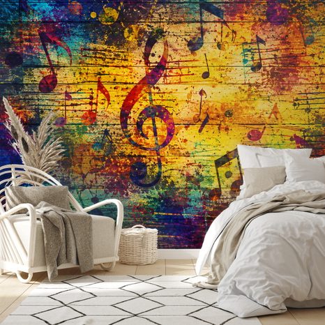 TAPETE BUNTE MUSIKNOTEN AUF HOLZ - MUSIK FOTOTAPETEN - TAPETEN