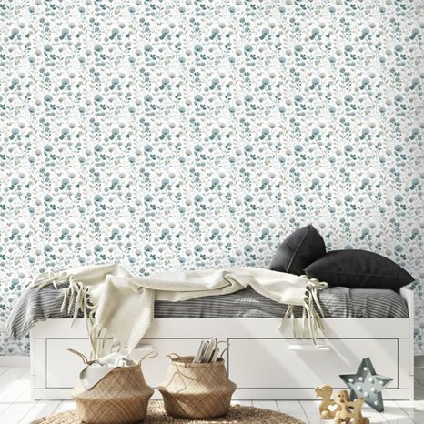 TAPETA JEMNÉ MODRÉ KVĚTY S LISTY - VZOROVANÉ TAPETY - TAPETY