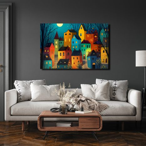 OBRAZ KOUZELNÁ NOČNÍ VESNIČKA - BAREVNÉ DOMY - OBRAZY