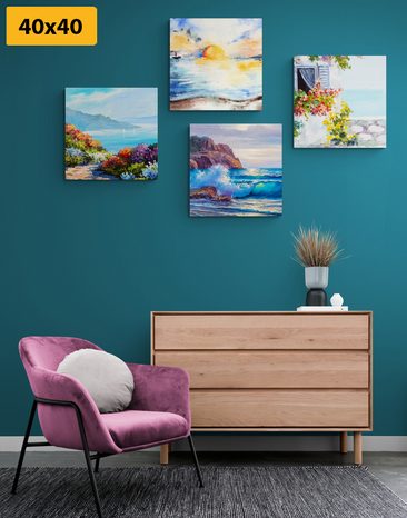 SET OBRAZŮ VÝHLED NA MOŘE V IMITACI MALBY - SESTAVY OBRAZŮ - OBRAZY
