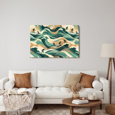 WANDBILD SURFER IN ACTIONREICHER LANDSCHAFT - BILDER MEER UND STRAND - BILDER