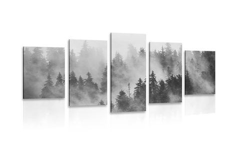 QUADRO IN 5 PARTI MONTAGNE NELLA NEBBIA IN BIANCO E NERO - QUADRI BIANCO E NERO - QUADRI