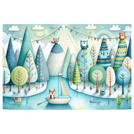 WANDBILD FUCHSABENTEUER IM BOOT DURCH DEN WALD - KINDERBILDER TIERE - BILDER