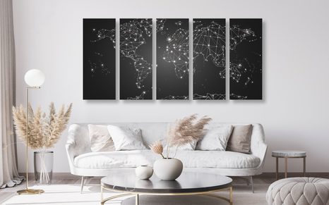 5-DÍLNÝ OBRAZ ČERNOBÍLÁ MAPA SVĚTA - OBRAZY MAPY - OBRAZY