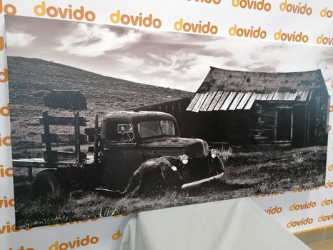 КАРТИНА НА ПЛАТНО – АВТОМОБИЛ В ЖИВОПИСНА ПРИРОДА В ЧЕРНО-БЯЛО - ЧЕРНО-БЕЛИ КАРТИНИ - КАРТИНИ