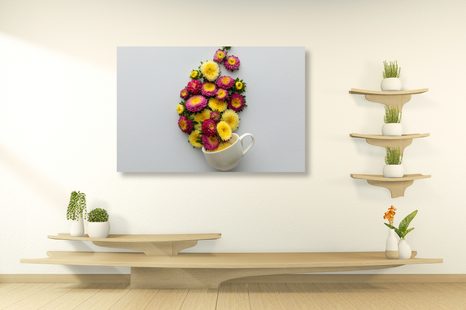 WANDBILD TASSE VOLL VON BLUMEN - BILDER BLUMEN - BILDER