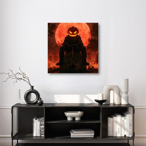 WANDBILD DUNKLER KÜRBIS AUF GRABSTEIN - HALLOWEEN- UND HORROR-BILDER - BILDER