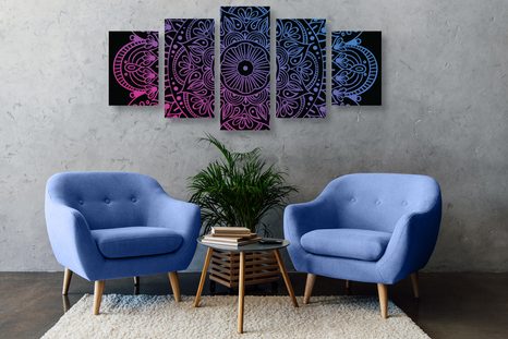 TABLOU 5-PIESE MANDALA PE UN FUNDAL NEGRU - TABLOURI FENG SHUI - TABLOURI