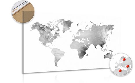 PICTURE ON CORK WORLD MAP IN BLACK & WHITE WATERCOLOR DESIGN
