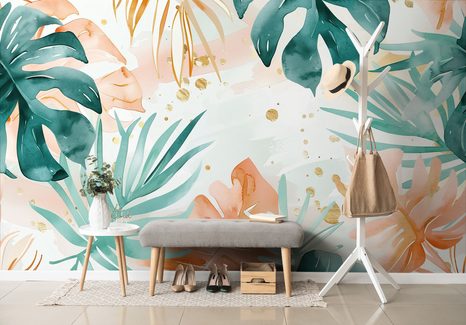 TAPETA TROPICKÉ ZELENO-ORANŽOVÉ LISTY - TAPETY LISTY - TAPETY