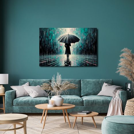 WANDBILD REGENTAG MIT REGENSCHIRM - BILDER VON MENSCHEN - BILDER