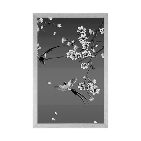 POSTER SCHWARZ-WEISSE VÖGLEIN AUF DEM BAUMZWEIG - SCHWARZ-WEISS - POSTER