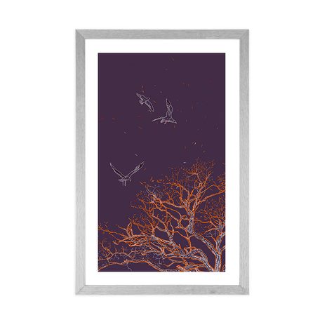 POSTER MIT PASSEPARTOUT FLIEGENDE VÖGEL ÜBER EINEM BAUM - MOTIVE AUS UNSERER WERKSTATT - POSTER