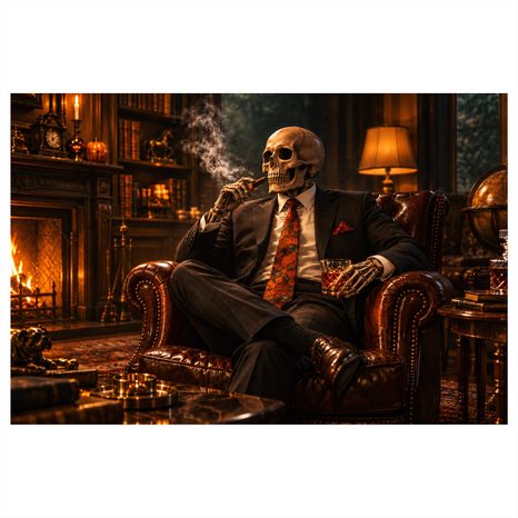 QUADRO SU TELA – SCHELETRO IN POLTRONA CON SIGARO - QUADRI HALLOWEEN E HORROR - STAMPE E QUADRI