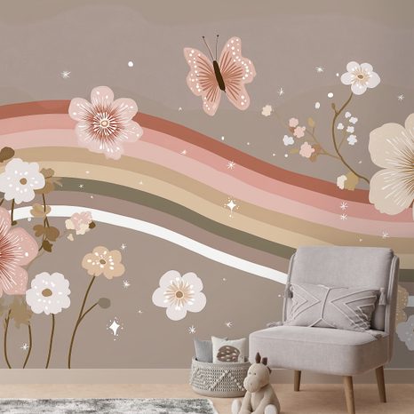 FOTOTAPETE PASTELLFARBENE BLUMEN UND REGENBOGENSTREIFEN - KINDERTAPETEN - TAPETEN