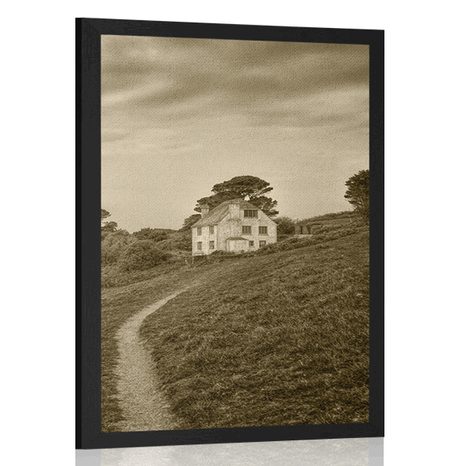 POSTER HOUSE ON A CLIFF IN SEPIA - BLACK AND WHITE - POSTERS