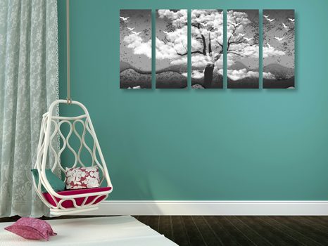 5-DÍLNÝ OBRAZ ČERNOBÍLÝ STROM ZALITÝ OBLAKY - ČERNOBÍLÉ OBRAZY - OBRAZY