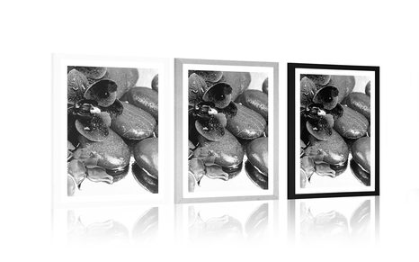 PLAKAT S PASPARTUOM ORHIDEJA U CVATU I WELLNESS KAMENJE U CRNO-BIJELOM DIZAJNU - CRNO-BIJELE - PLAKATI