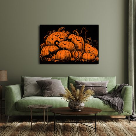 QUADRO SU TELA – ZUCCHE DI HALLOWEEN CON GATTI NERI - QUADRI HALLOWEEN E HORROR - STAMPE E QUADRI