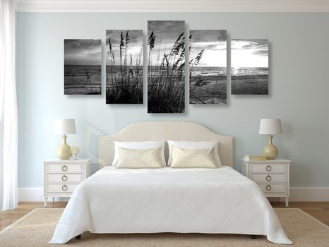 5-CZĘŚCIOWY OBRAZ ZACHÓD SŁOŃCA NA PLAŻY W WERSJI CZARNO-BIAŁEJ - OBRAZY CZARNO-BIAŁE - OBRAZY