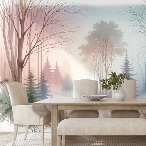 SAMOLEPÍCÍ TAPETA PASTELOVÁ MLHAVÁ KRAJINA - WALLPAPERS FOREST - WALLPAPERS