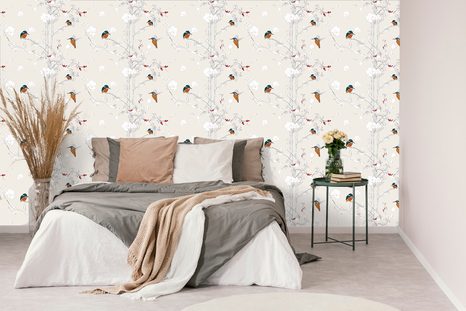 CARTA DA PARATI – UCCELLINI NELLA FORESTA FITTA CON SFONDO BEIGE - CARTA DA PARATI ANIMALI - CARTA DA PARATI