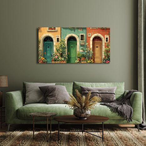 OBRAZ ROMANTICKÉ DVEŘE A KVĚTINY - BAREVNÉ DOMY - OBRAZY