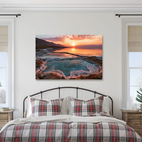 TABLEAU SUR TOILE – COUCHER DE SOLEIL ROSE SUR LE LAC SALÉ - TABLEAUX DU LAC - TABLEAUX