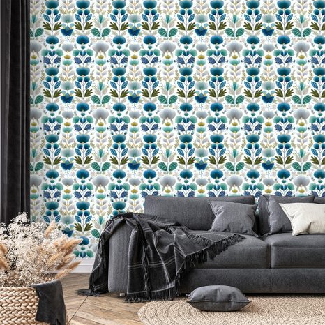 TAPETA MODRÉ KVĚTY NA BÍLÉM POZADÍ - VZOROVANÉ TAPETY - TAPETY