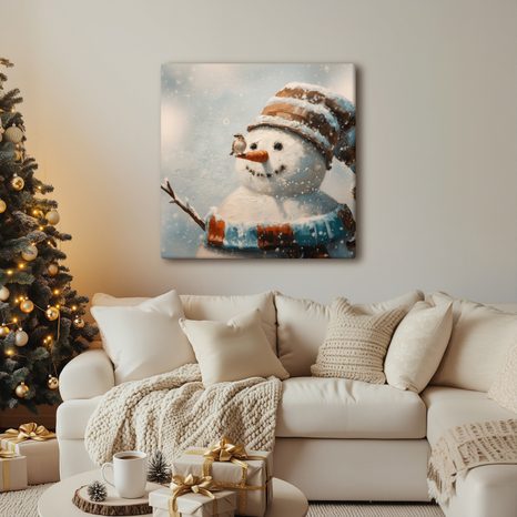 WEIHNACHTLICHES WANDBILD SCHNEEMANN UND FREUND SPATZ - WEIHNACHTS- UND WINTERBILDER - BILDER