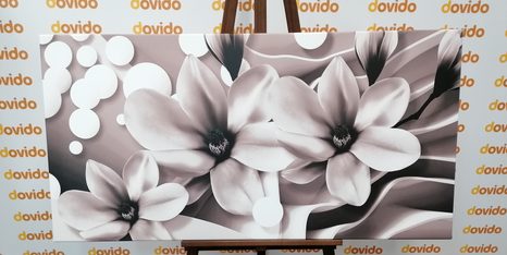 CANVAS PRINT BLACK AND WHITE MAGNOLIA ON AN ABSTRACT BACKGROUND - BLACK AND WHITE PICTURES - PICTURES